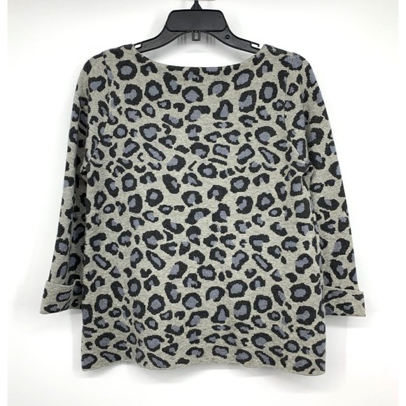 Tahari Sweater Gray Black Leopard Print 3/4 Sleeve Knit Stretch - Picture 6 of 9